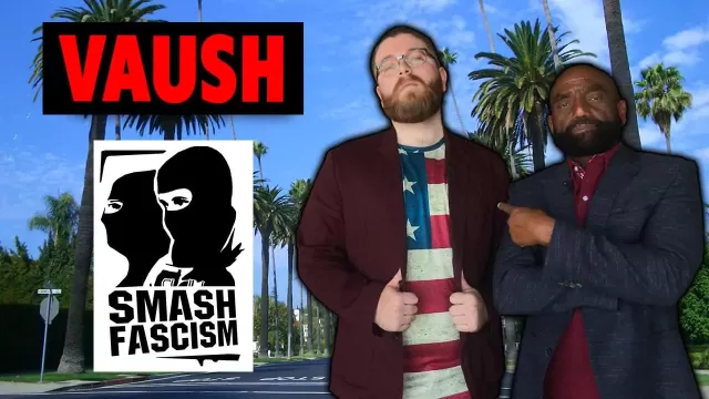 Vaush and Jesse Lee Peterson pose at The Fallen State studio