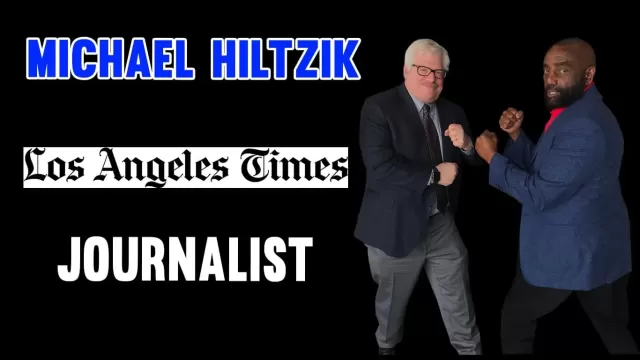 Michael Hiltzik and Jesse Lee Peterson pose at The Fallen State studio