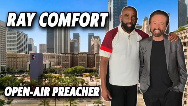 Jesse Lee Peterson and Ray Comfort pose at The Fallen State studio