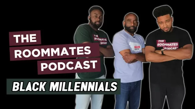 The Roommates Podcast co-hosts, Hafeez Baoku and Chris Below, pose with Jesse Lee Peterson at The Fallen State studio
