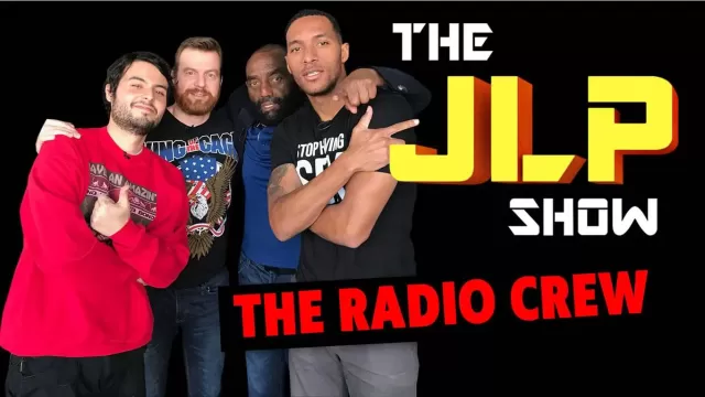 Jesse Lee Peterson poses with his JLP Show crew: Nick Gonzalez, James Hake, and Joel Friday